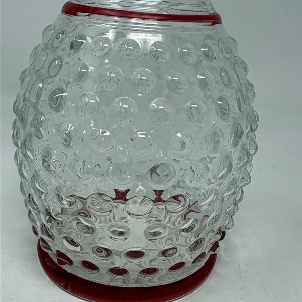 ANCHOR HOCKING Vintage Hobnail Decanter Red Trim With Top